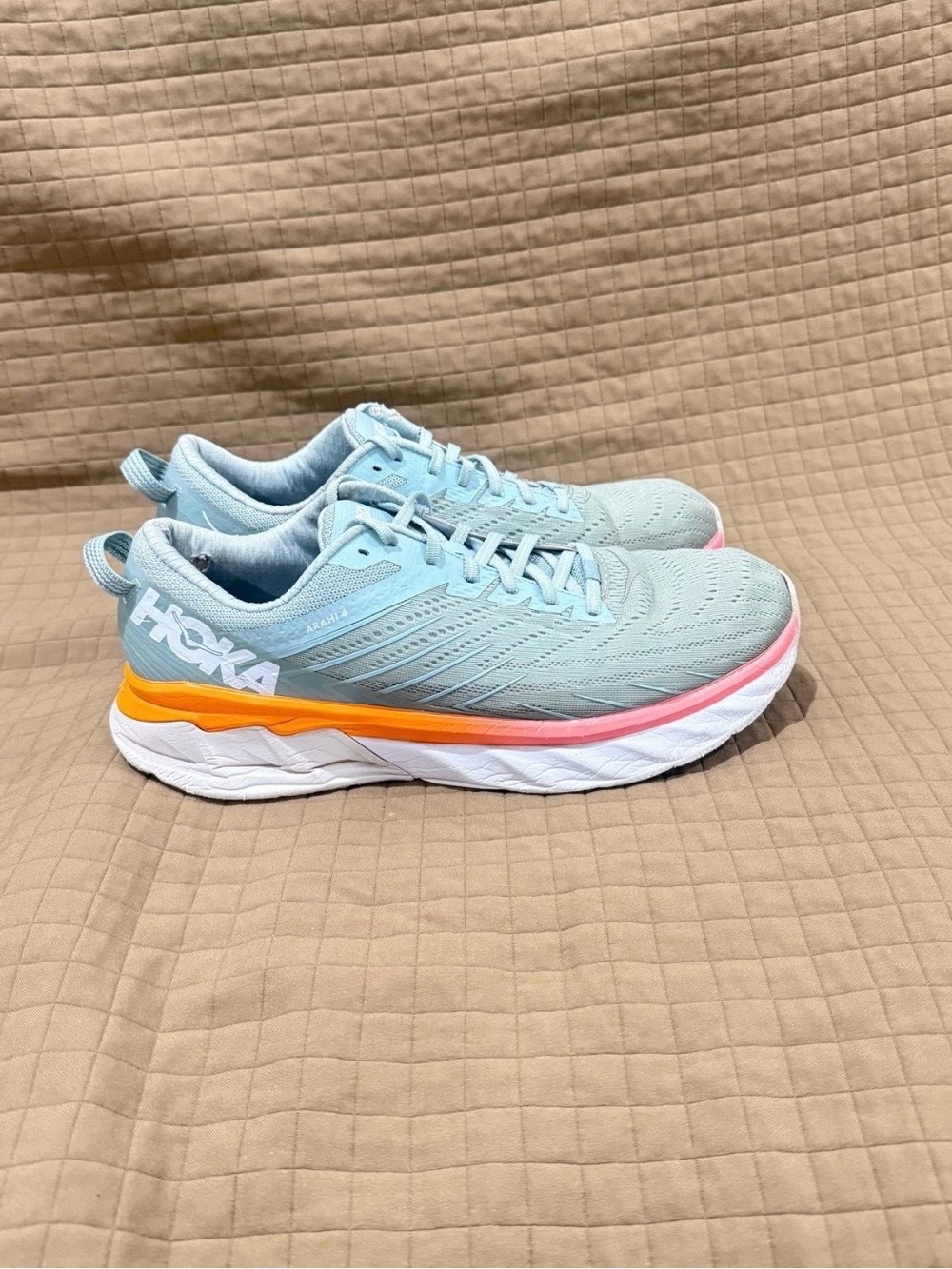 Hoka Women’s Athletic Shoes — Light Blue with Orange & Pink Accents